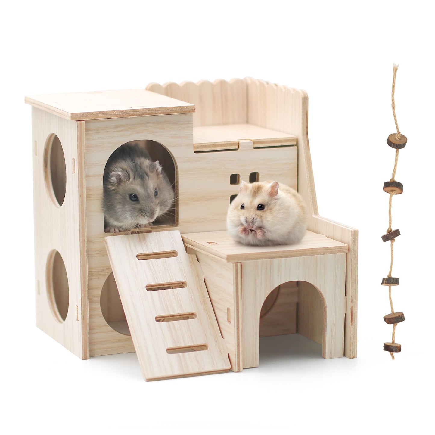Natural Two-Story Wooden Hamster Hideout