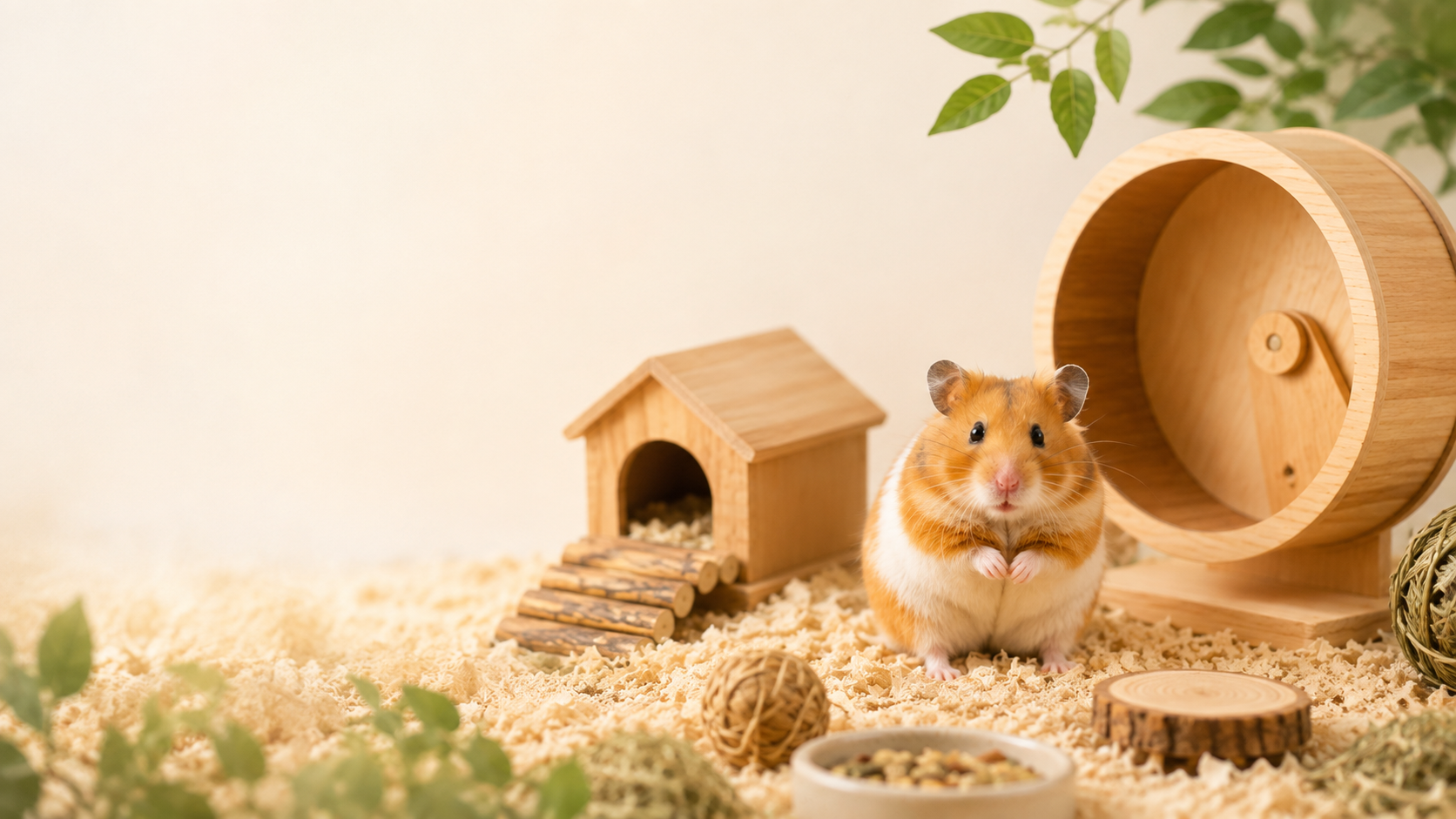 FrayNest Syrian hamster habitat with wooden wheel and natural accessories