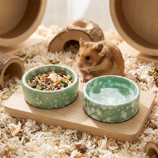 Two mint green ceramic hamster bowls for food and water