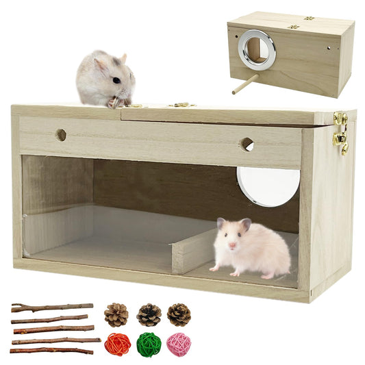 Natural Wooden Hamster Hideout House with Chew Toys