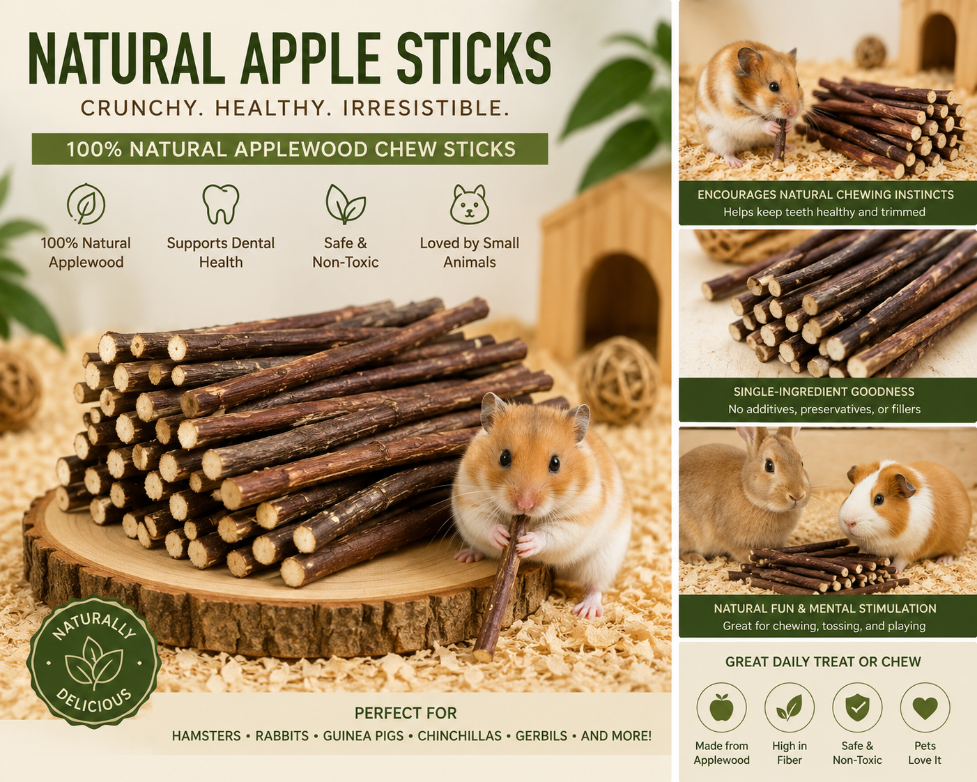 Natural applewood chew sticks for hamster enrichment
