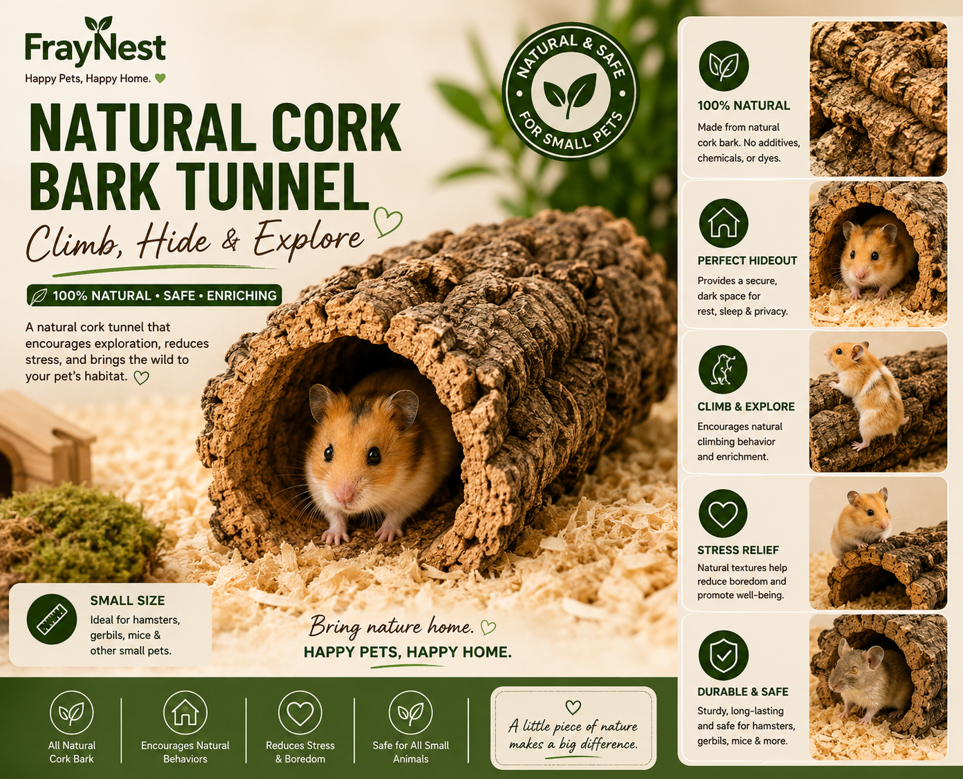 FrayNest natural cork bark hamster tunnel and hideout