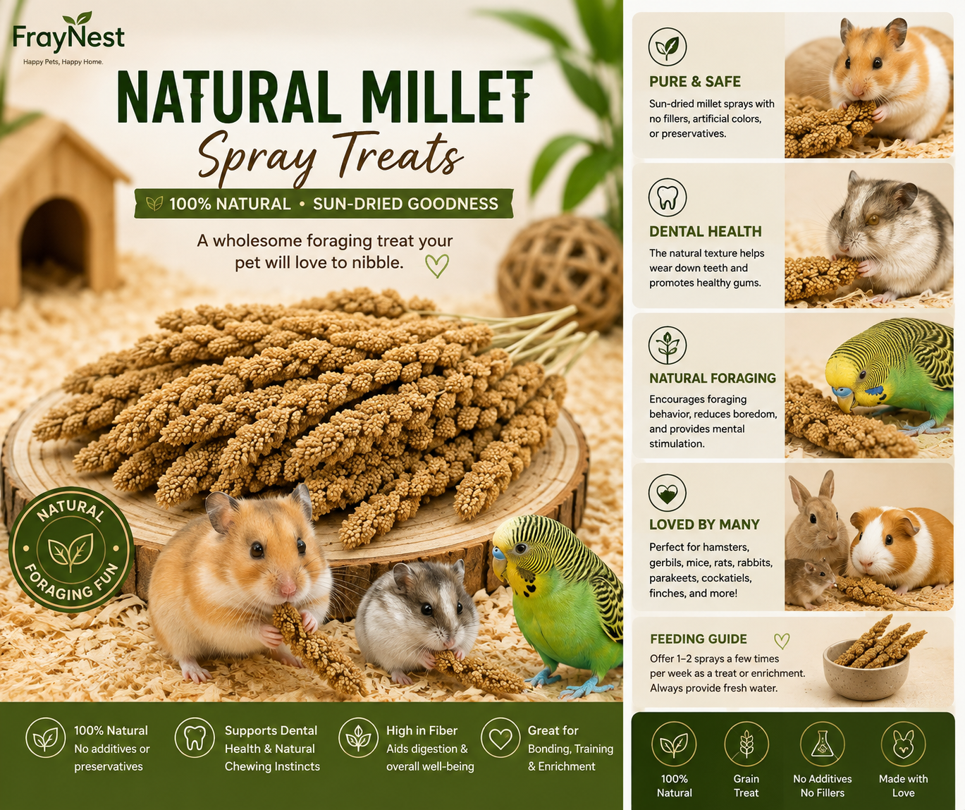FrayNest natural millet spray foraging treats for hamsters