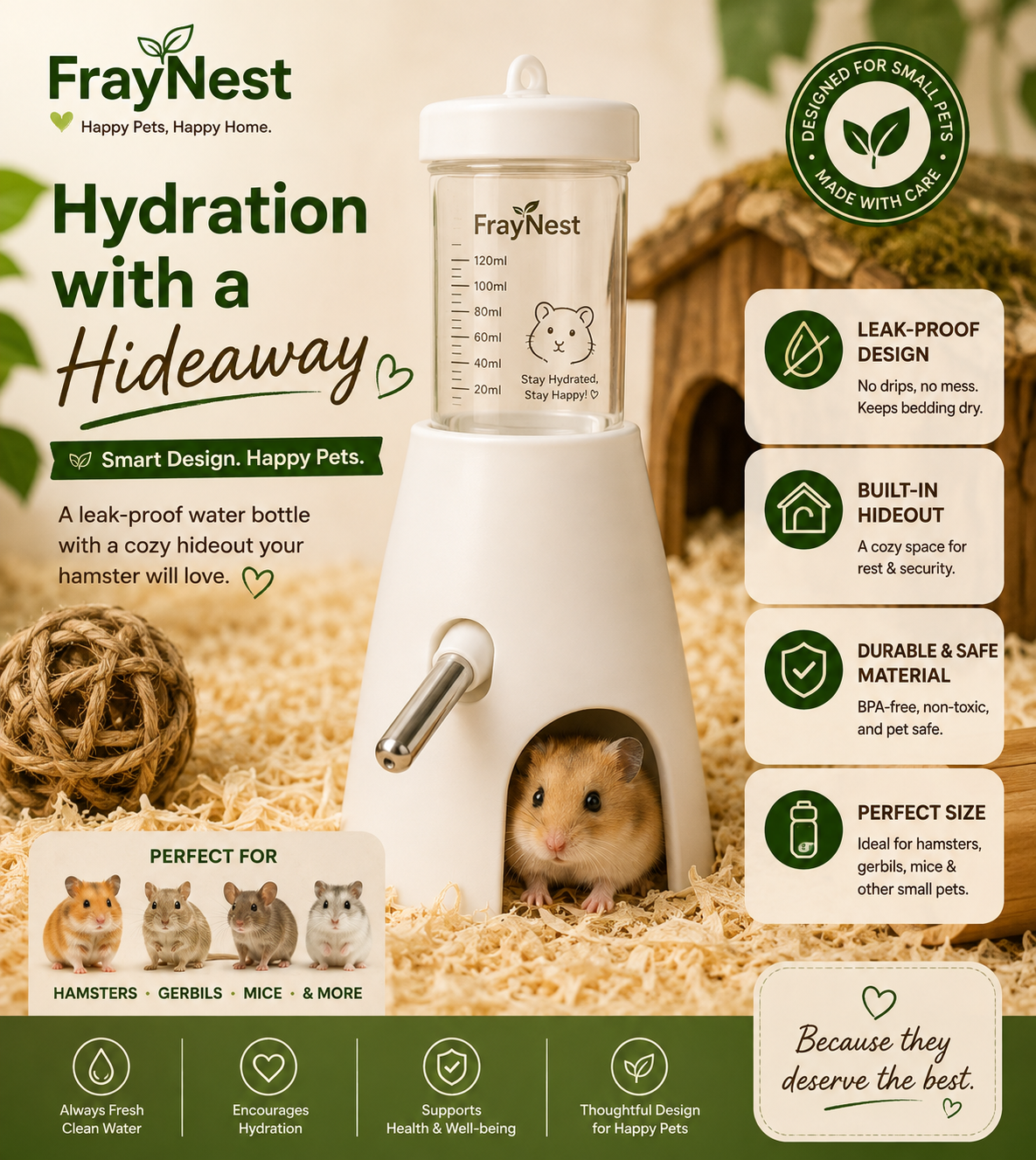 FrayNest no-drip hamster water bottle with hideout stand