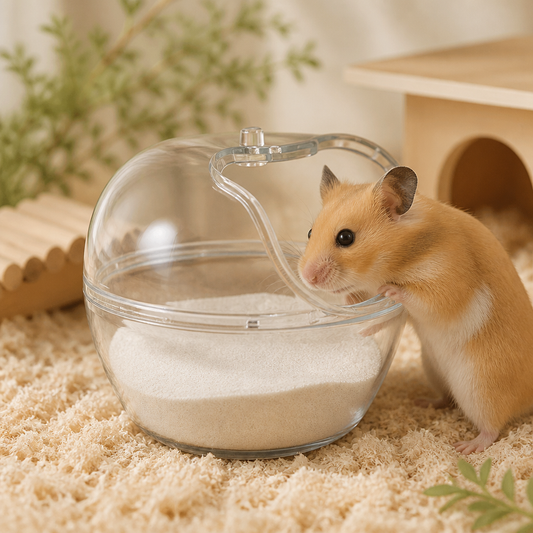 FrayNest Sand Spa hamster bath with Syrian hamster in a natural habitat