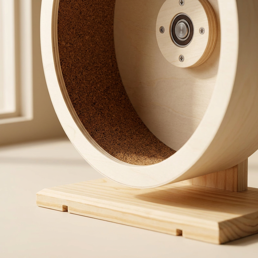 Close-up of FrayNest SilentGlide wooden hamster wheel cork running surface