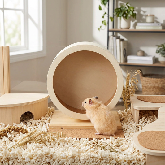 FrayNest SilentGlide wooden hamster wheel in a natural habitat