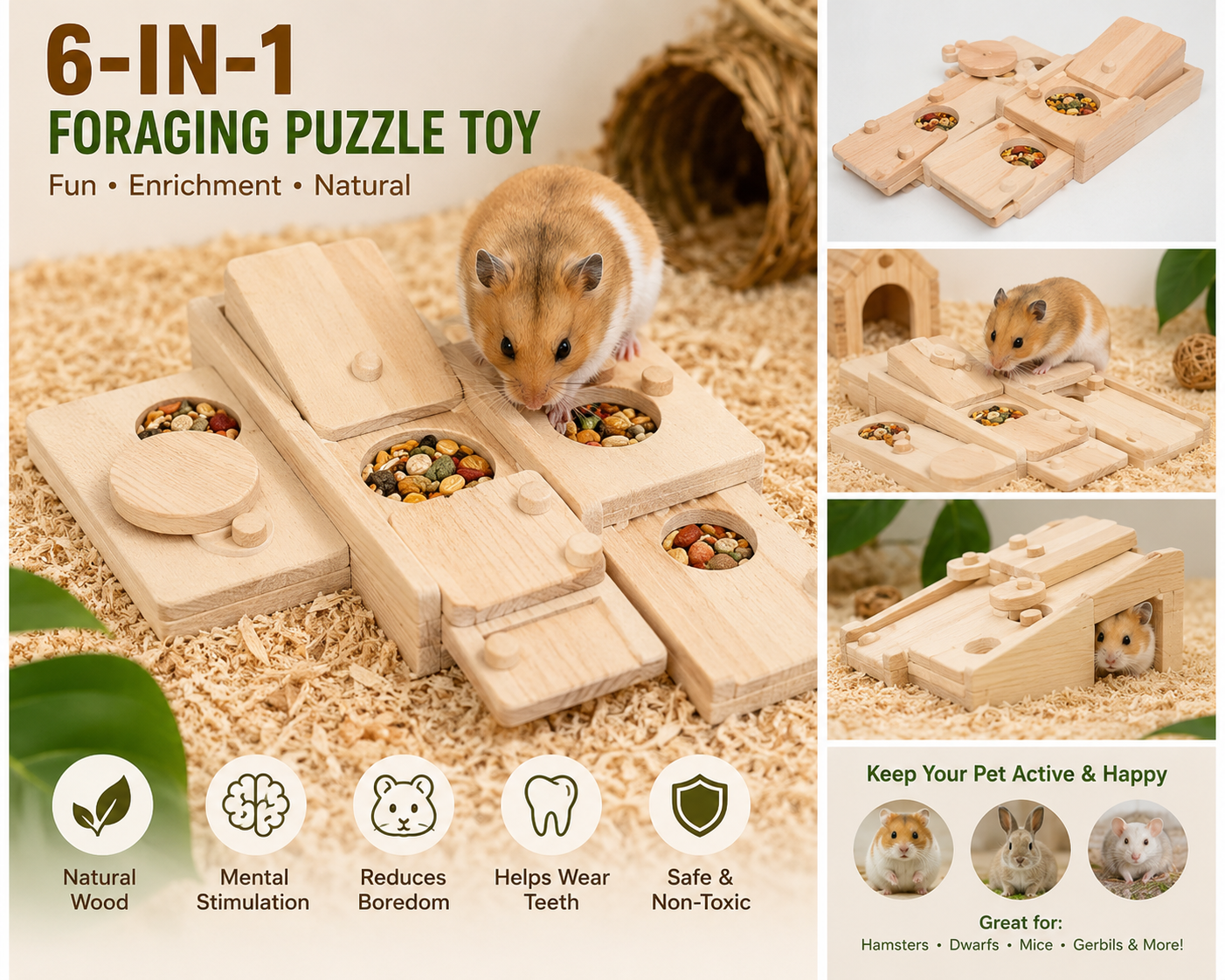 Woodland Foraging Puzzle 6-in-1 hamster enrichment toy